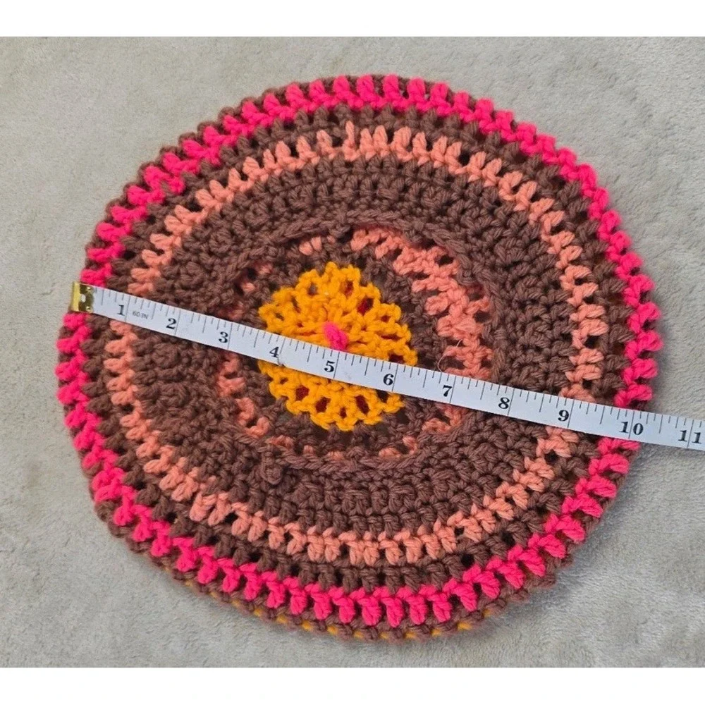 Vtg Crochet Beret Hat Women's OS Pink Brown Yellow Handmade Pom Hand Knit NEW‎